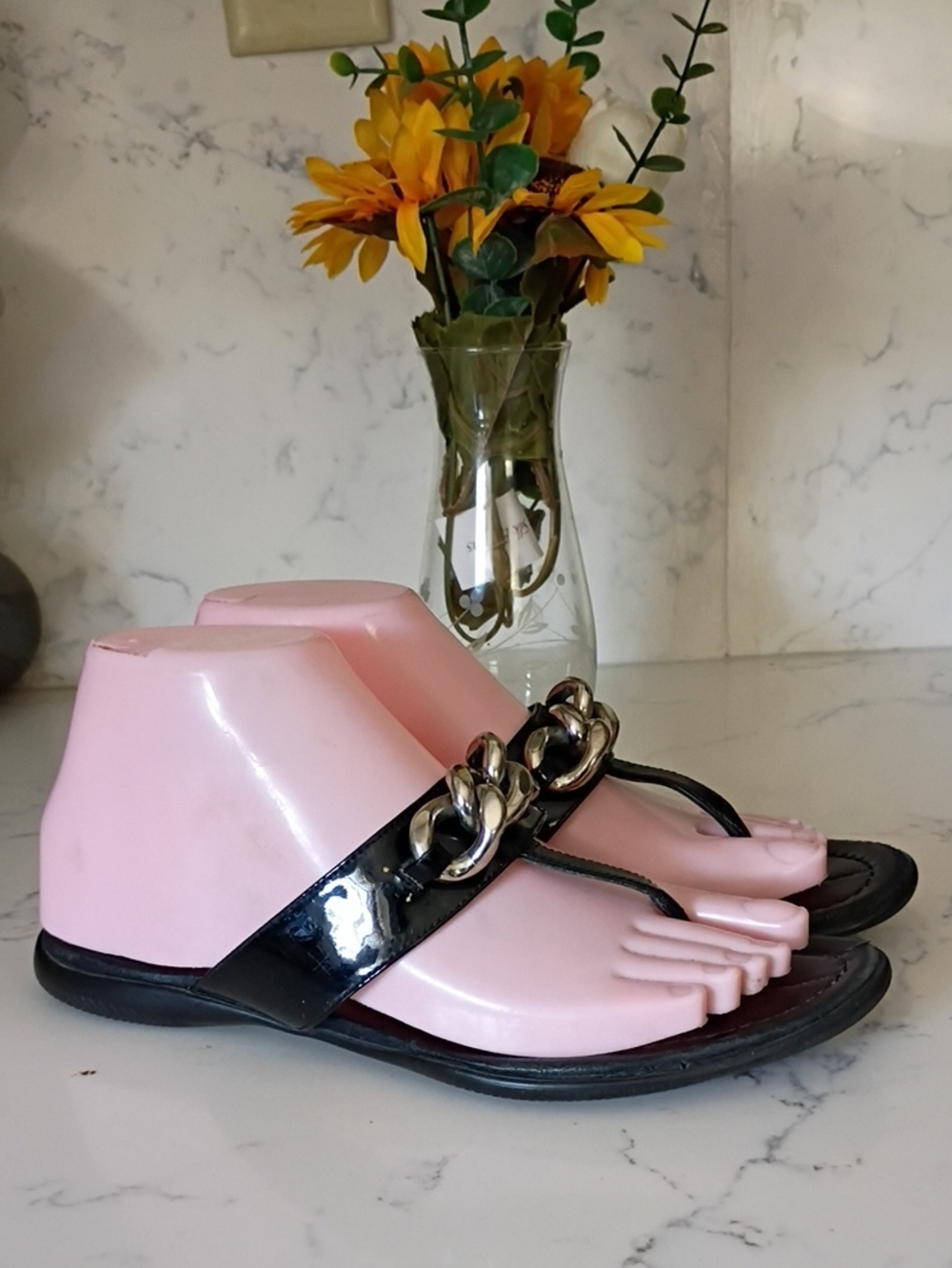 Prada Black Patent Chain-Accent Women's Thong Sandals